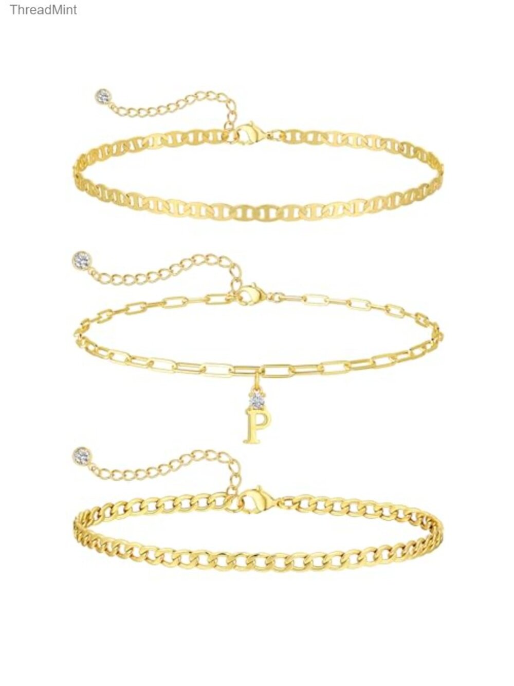 3-Piece Layered Initial Charm Bracelet Set, 14K Gold Plated Chain Bracelets